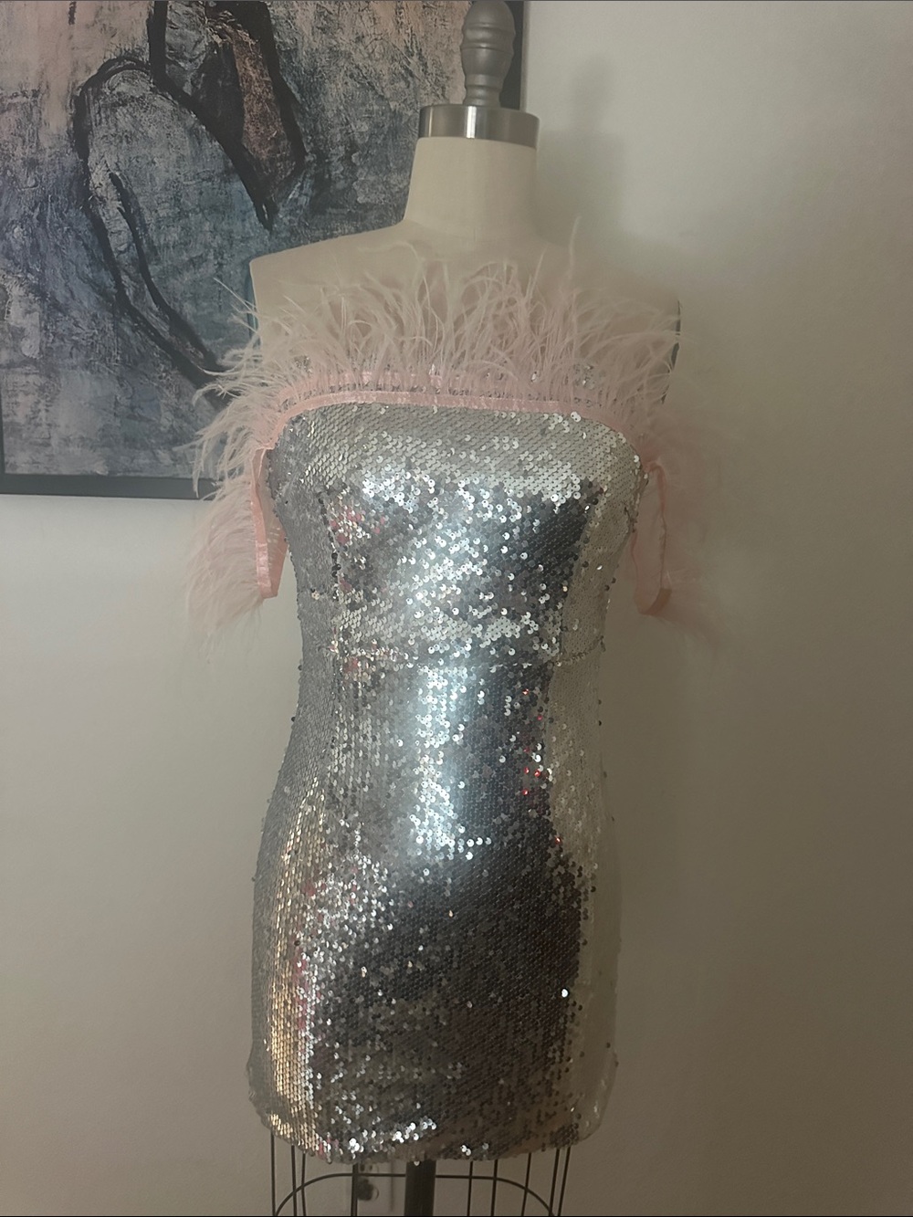 Fashion Nova Silver Sequin Strapless Dress with Pink Feather Trim